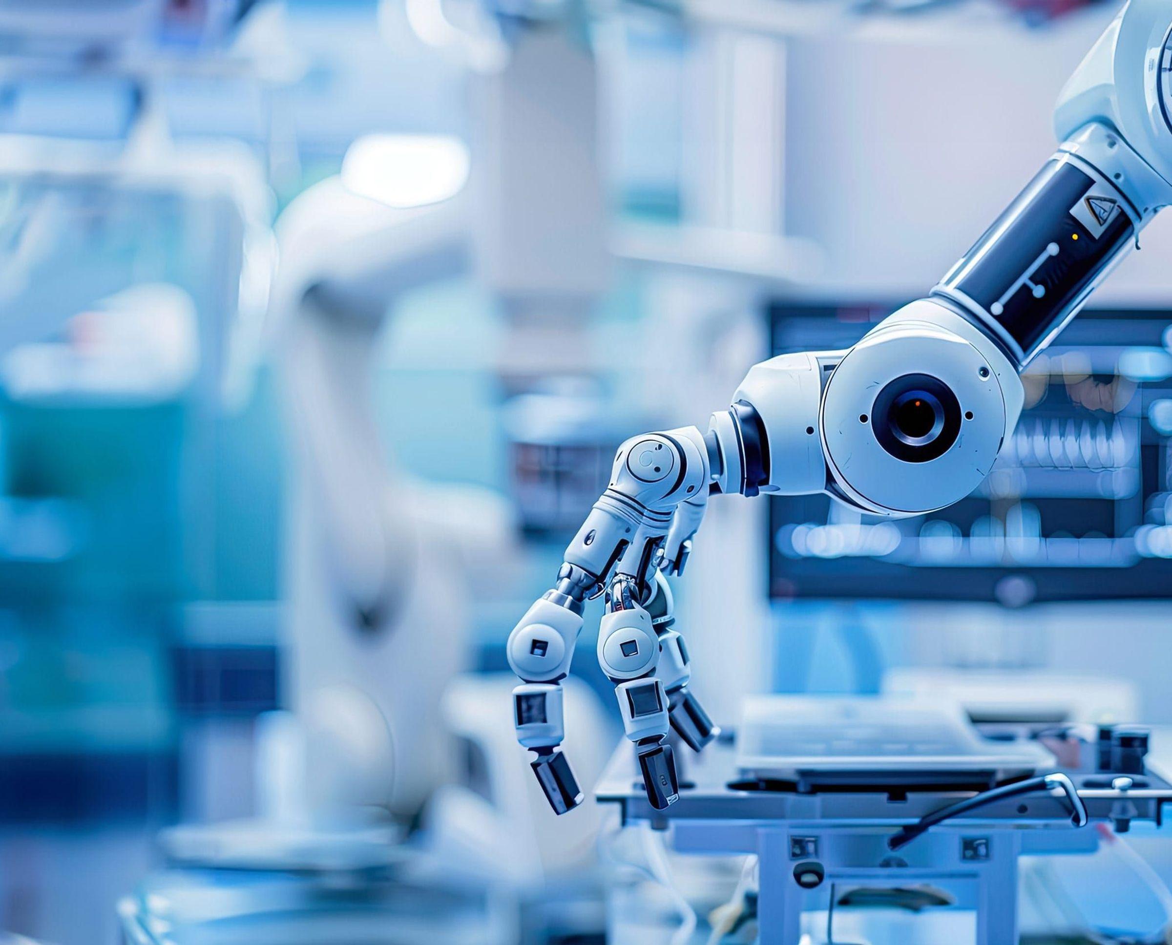 A state-of-the-art operating theatre robot with a movable arm and a precision mechanical gripper hand, surrounded by medical technology and monitors with vital data.