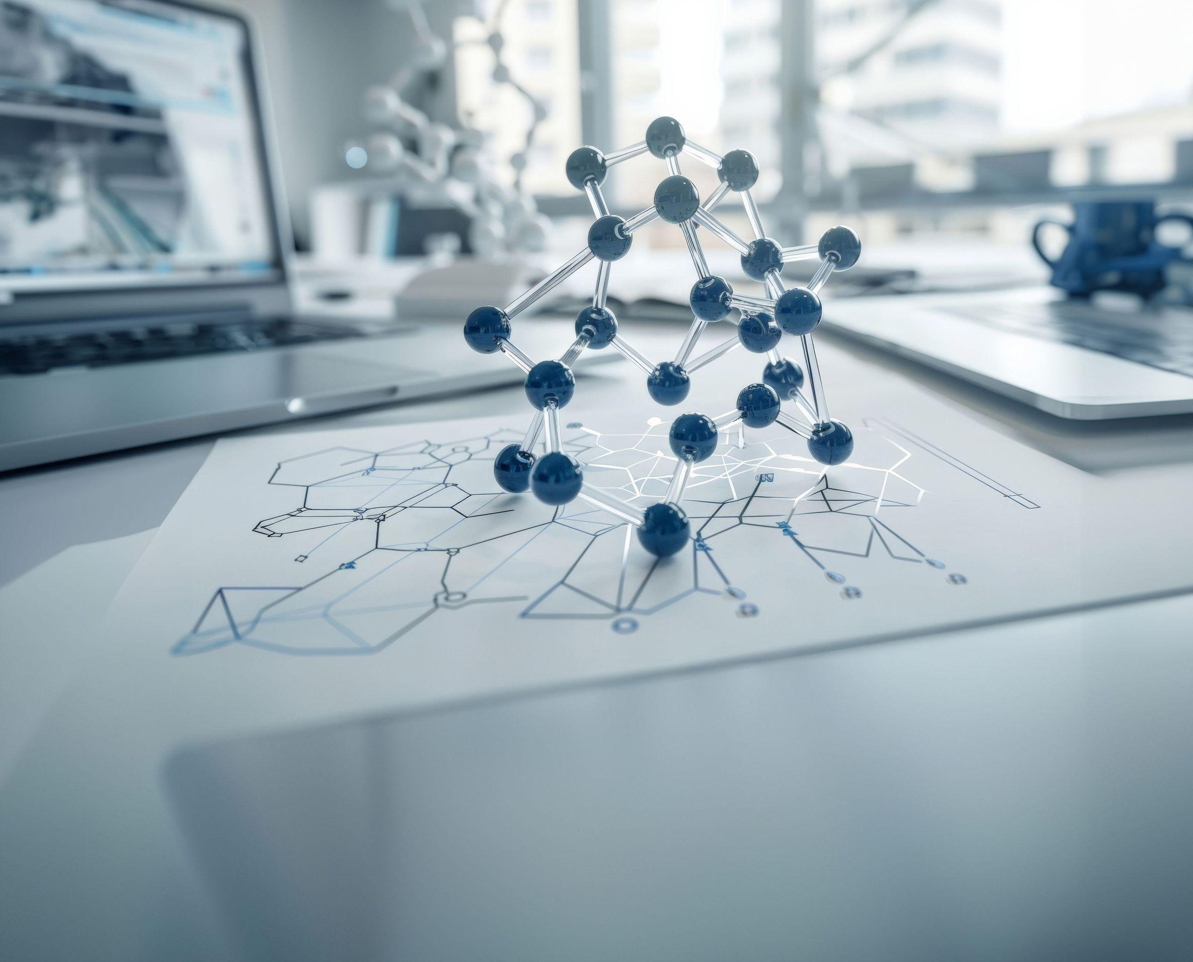 Ein Molekülmodell aus silbernen Stäben und dunkelblauen Kugeln steht auf einem Blatt mit wissenschaftlichen Skizzen. Die Umgebung mit Laptops und Büromaterialien vermittelt eine Hightech-Forschungsatmosphäre.
